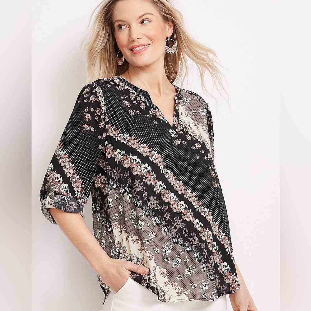 Maurices Atwood 3/4 Sleeve Popover Blouse – Black Mixed Floral Patchwork, Size M